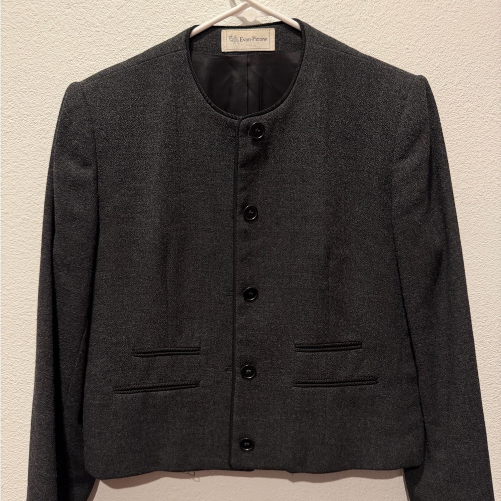 Evan Picone 100% Pure Wool Charcoal Round-Neck Button Jacket
